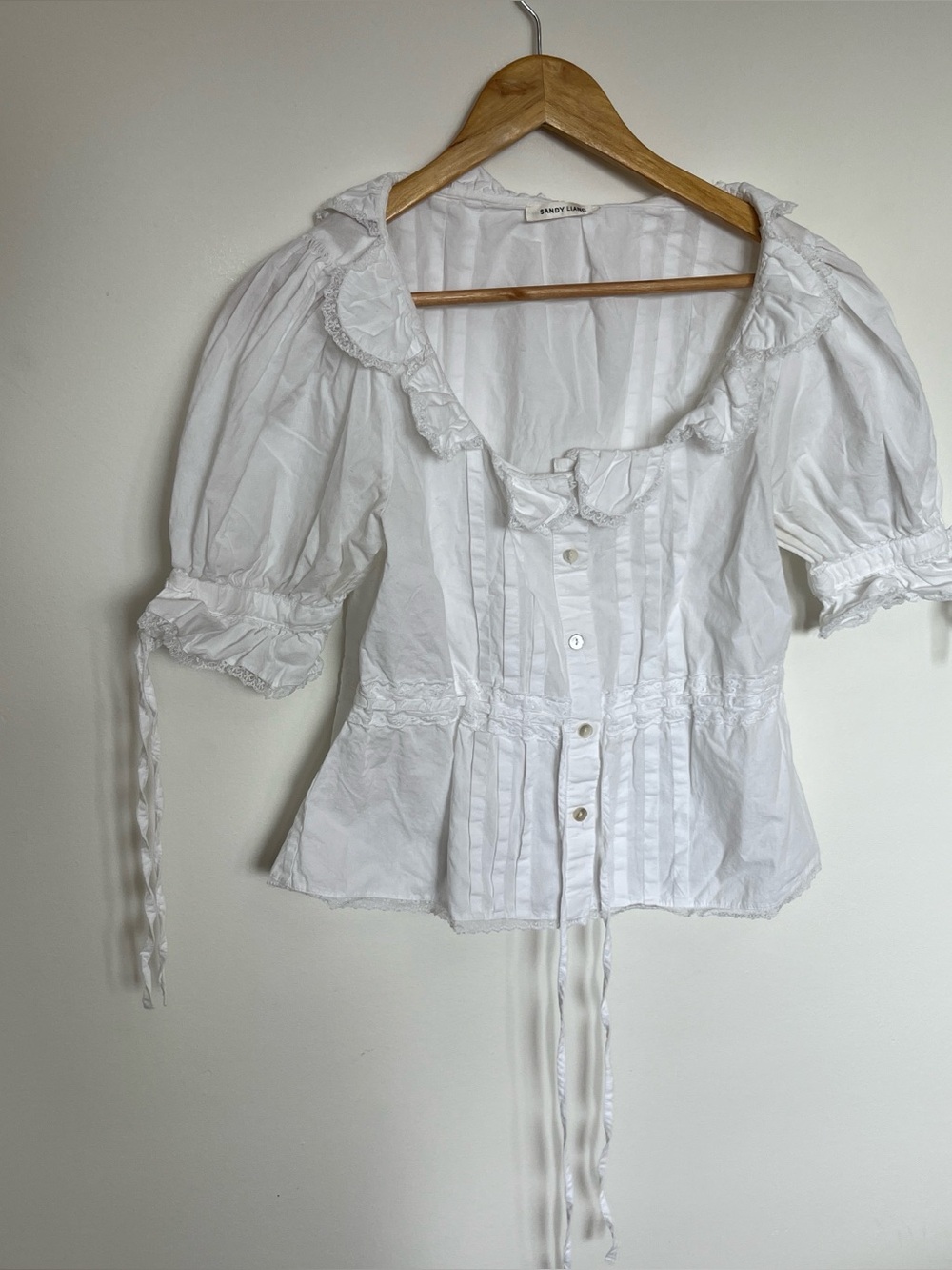 Sandy Liang Melon Blouse Top Lace Pintuck Buttondown Solid White XS - Picture 4 of 8